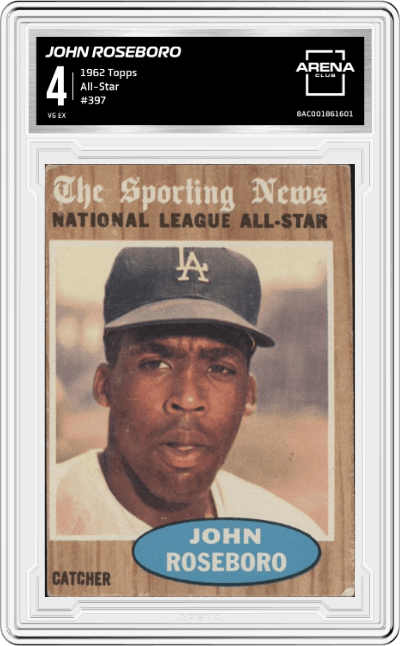 John Roseboro from the 1962 Topps set graded by Arena Club and given an overall grade of 4.