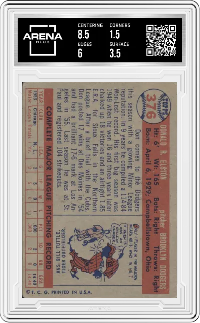 Don Elston from the 1957 Topps set graded by Arena Club and given an overall grade of 2.