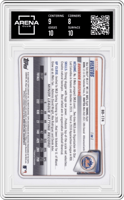 Mark Vientos from the 2020 Bowman Draft set featuring a  Sky Blue   parallel graded by Arena Club and given an overall grade of 8.5.