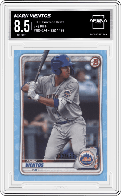 Mark Vientos from the 2020 Bowman Draft set featuring a  Sky Blue   parallel graded by Arena Club and given an overall grade of 8.5.