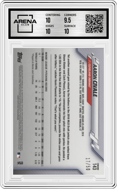 Aaron Civale from the 2020 Topps Chrome Ben Baller Edition set featuring a Gold Refractor  parallel graded by Arena Club and given an overall grade of 10.