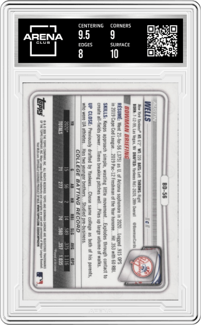 Austin Wells from the 2020 Bowman Draft set featuring a Sky Blue Refractor  parallel graded by Arena Club and given an overall grade of 8.5.