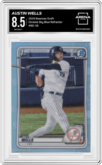 Austin Wells from the 2020 Bowman Draft set featuring a Sky Blue Refractor  parallel graded by Arena Club and given an overall grade of 8.5.