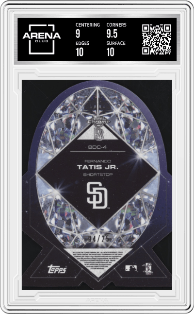 Fernando Tatis Jr. from the 2020 Topps Chrome Ben Baller Edition set featuring a Orange Refractor  parallel graded by Arena Club and given an overall grade of 9.5.