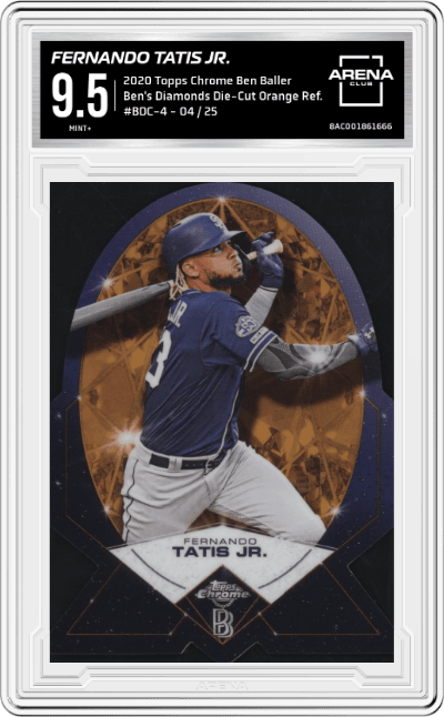 Fernando Tatis Jr. from the 2020 Topps Chrome Ben Baller Edition set featuring a Orange Refractor  parallel graded by Arena Club and given an overall grade of 9.5.