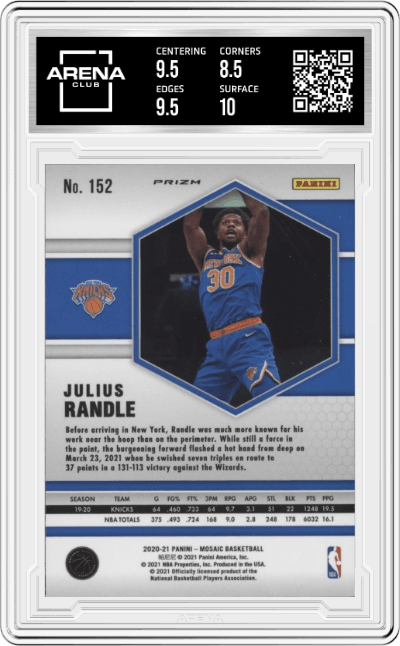 Julius Randle from the 2020-21 Panini Mosaic set featuring a Reactive Yellow parallel graded by Arena Club and given an overall grade of 9.