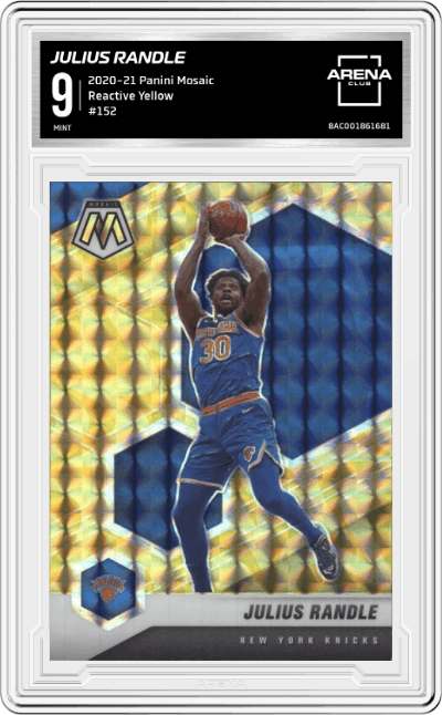 Julius Randle from the 2020-21 Panini Mosaic set featuring a Reactive Yellow parallel graded by Arena Club and given an overall grade of 9.