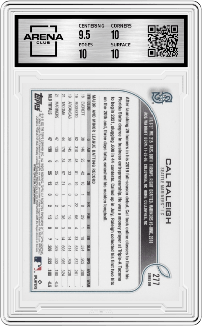 Cal Raleigh from the 2022 Topps   set graded by Arena Club and given an overall grade of 10.