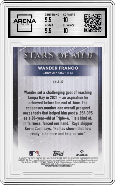 Wander Franco from the 2022 Topps   set featuring a Stars of MLB parallel graded by Arena Club and given an overall grade of 10.