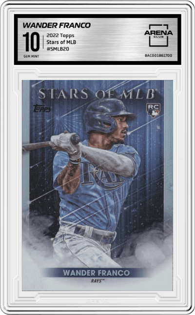 Wander Franco from the 2022 Topps   set featuring a Stars of MLB parallel graded by Arena Club and given an overall grade of 10.