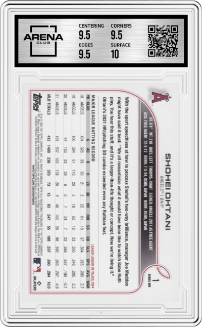 Shohei Ohtani from the 2022 Topps   set graded by Arena Club and given an overall grade of 10.