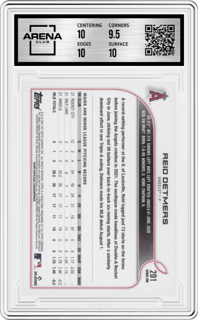 Reid Detmers from the 2022 Topps   set graded by Arena Club and given an overall grade of 10.