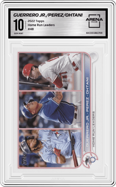 Guerrero Jr./Perez/Ohtani from the 2022 Topps   set graded by Arena Club and given an overall grade of 10.