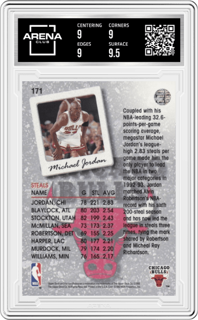 Michael Jordan  from the 1993-94 Upper Deck set graded by Arena Club and given an overall grade of 9.