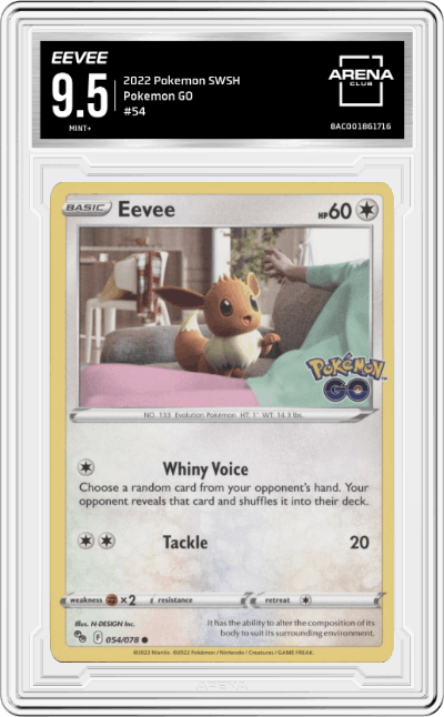 Eevee from the 2022 Pokemon SWSH set graded by Arena Club and given an overall grade of 9.5.