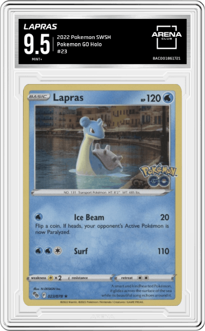 Lapras from the 2022 Pokemon SWSH set graded by Arena Club and given an overall grade of 9.5.