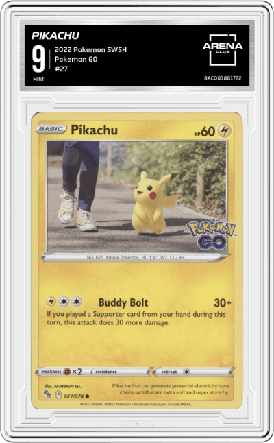 Pikachu from the 2022 Pokemon SWSH set graded by Arena Club and given an overall grade of 9.
