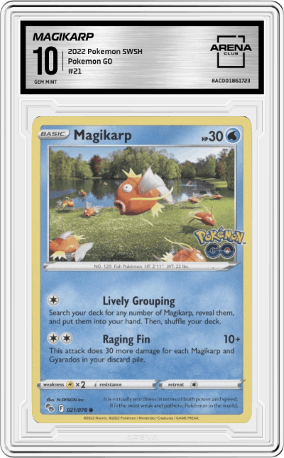 Magikarp from the 2022 Pokemon SWSH set graded by Arena Club and given an overall grade of 10.