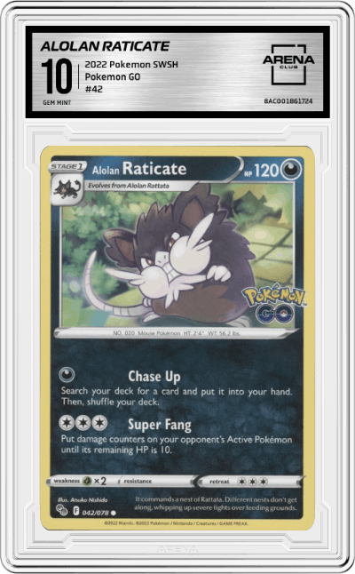 Alolan Raticate from the 2022 Pokemon SWSH set graded by Arena Club and given an overall grade of 10.