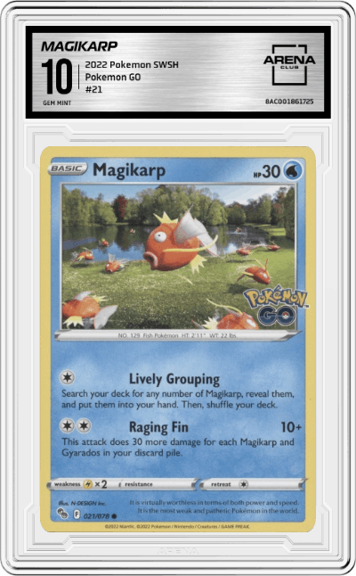Magikarp from the 2022 Pokemon SWSH set graded by Arena Club and given an overall grade of 10.