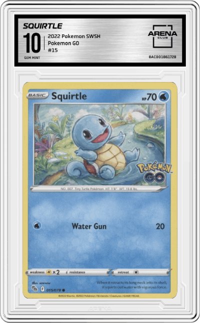 Squirtle from the 2022 Pokemon SWSH set graded by Arena Club and given an overall grade of 10.