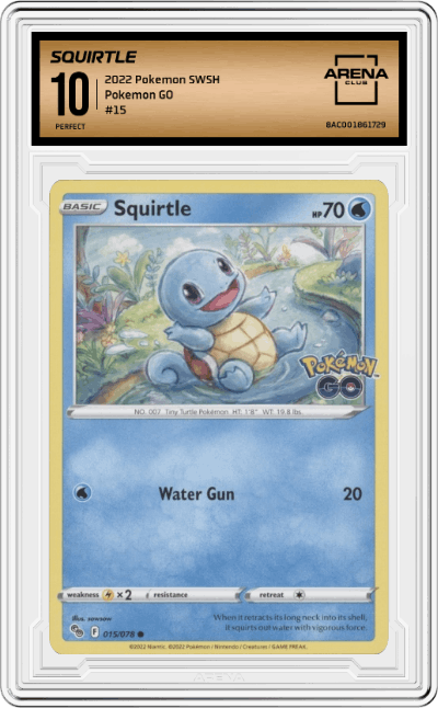 Squirtle from the 2022 Pokemon SWSH set graded by Arena Club and given an overall grade of 10.