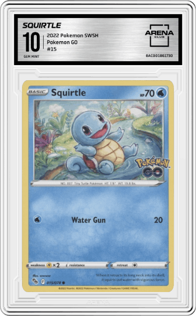 Squirtle from the 2022 Pokemon SWSH set graded by Arena Club and given an overall grade of 10.