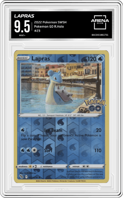 Lapras from the 2022 Pokemon SWSH set graded by Arena Club and given an overall grade of 9.5.