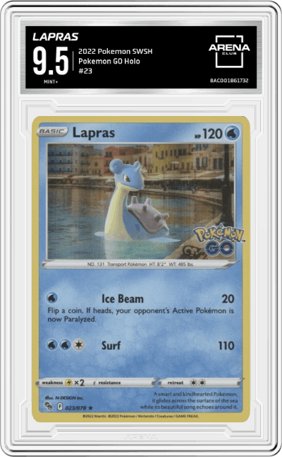 Lapras from the 2022 Pokemon SWSH set graded by Arena Club and given an overall grade of 9.5.