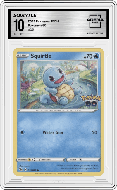 Squirtle from the 2022 Pokemon SWSH set graded by Arena Club and given an overall grade of 10.