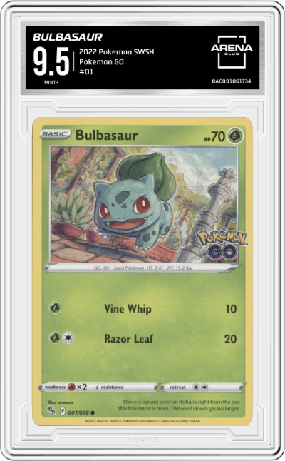 Bulbasaur from the 2022 Pokemon SWSH set graded by Arena Club and given an overall grade of 9.5.