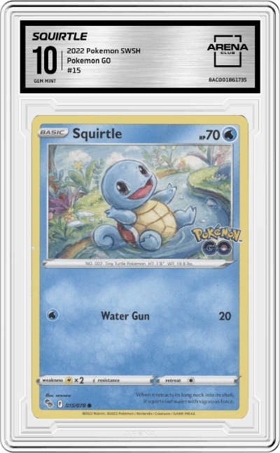 Squirtle from the 2022 Pokemon SWSH set graded by Arena Club and given an overall grade of 10.