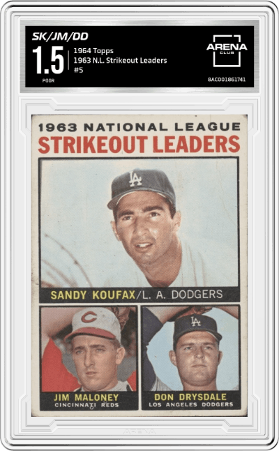 Sandy Koufax/Jim Maloney/Don Drysdale from the 1964 Topps set graded by Arena Club and given an overall grade of 1.5.