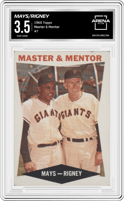 Willie Mays/Bill Rigney from the 1960 Topps set featuring a White Back parallel graded by Arena Club and given an overall grade of 3.5.