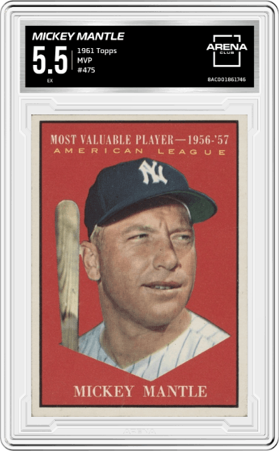 Mickey Mantle from the 1961 Topps set graded by Arena Club and given an overall grade of 5.5.