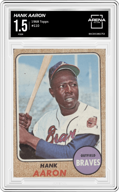 Hank Aaron from the 1968 Topps set graded by Arena Club and given an overall grade of 1.5.