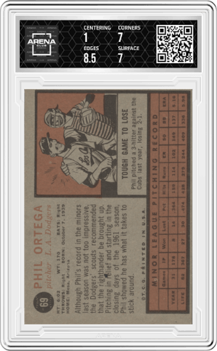 Phil Ortega from the 1962 Topps set graded by Arena Club.