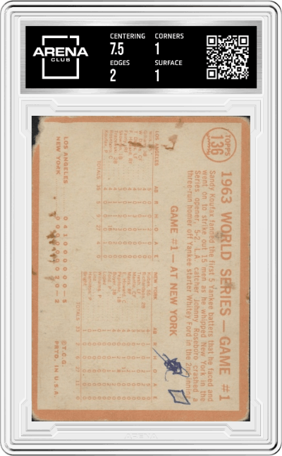 Koufax Strikes Out 15 from the 1964 Topps set graded by Arena Club.