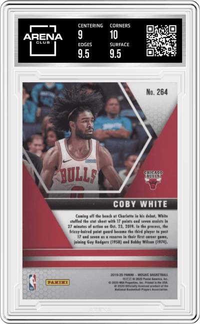 Coby White from the 2019-20 Panini Mosaic  set graded by Arena Club and given an overall grade of 9.5.