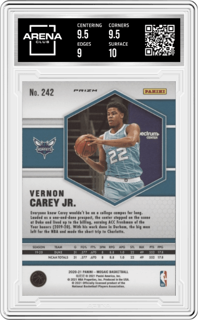 Vernon Carey Jr. from the 2020-21 Panini Mosaic set featuring a Pink Camo parallel graded by Arena Club and given an overall grade of 9.5.