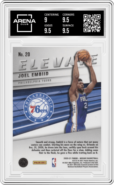 Joel Embiid from the 2020-21 Panini Mosaic set graded by Arena Club and given an overall grade of 9.5.