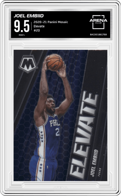 Joel Embiid from the 2020-21 Panini Mosaic set graded by Arena Club and given an overall grade of 9.5.