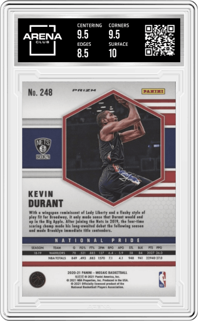 Kevin Durant from the 2020-21 Panini Mosaic set featuring a Green Mosaic parallel graded by Arena Club and given an overall grade of 9.
