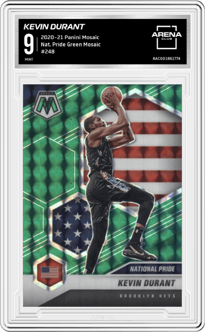 Kevin Durant from the 2020-21 Panini Mosaic set featuring a Green Mosaic parallel graded by Arena Club and given an overall grade of 9.