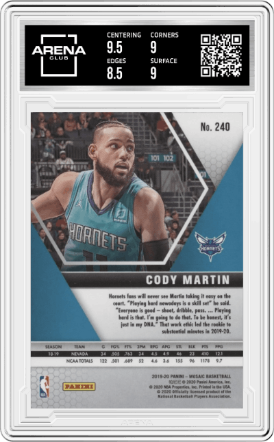 Cody Martin from the 2019-20 Panini Mosaic  set graded by Arena Club and given an overall grade of 9.