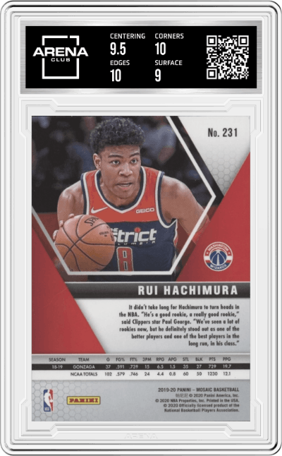 Rui Hachimura from the 2019-20 Panini Mosaic  set graded by Arena Club and given an overall grade of 9.5.