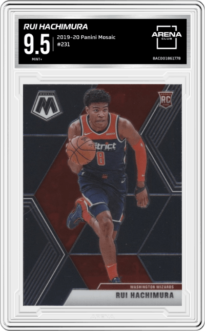 Rui Hachimura from the 2019-20 Panini Mosaic  set graded by Arena Club and given an overall grade of 9.5.