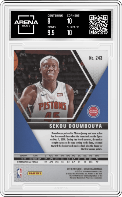 Sekou Doumbouya from the 2019-20 Panini Mosaic  set graded by Arena Club and given an overall grade of 9.5.
