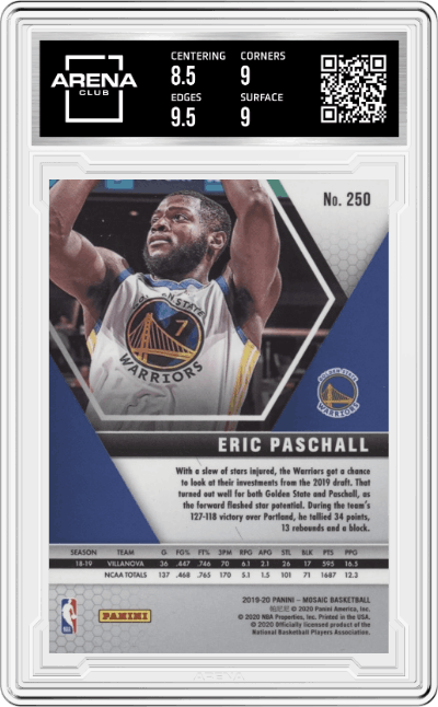 Eric Paschall from the 2019-20 Panini Mosaic  set graded by Arena Club and given an overall grade of 9.