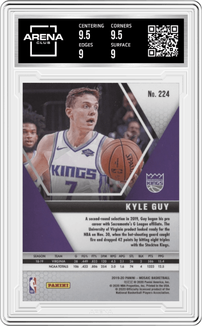 Kyle Guy from the 2019-20 Panini Mosaic  set graded by Arena Club and given an overall grade of 9.5.
